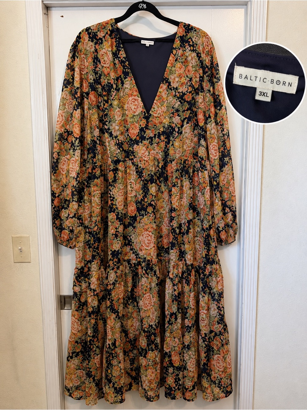 Baltic Born Navy Floral V-Neck Tiered Maxi Dress with Peach Roses